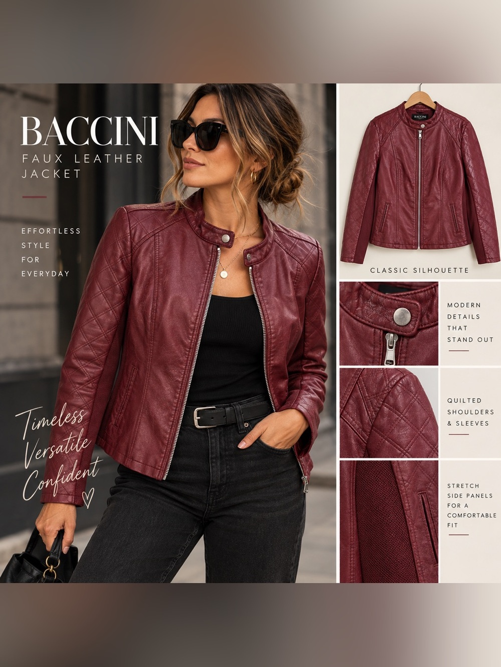 Baccini Burgundy Faux Leather Moto Jacket Quilted Biker Plus Size 1X